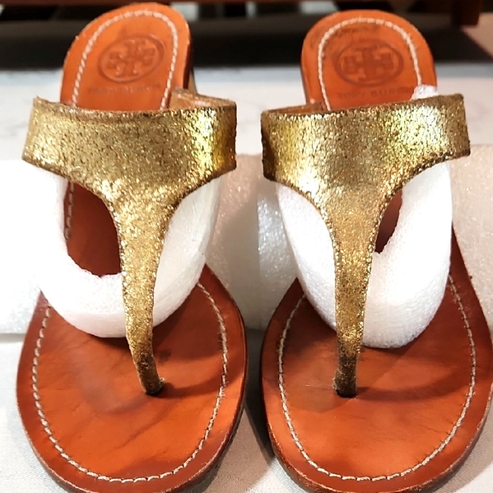 Tory Burch Gold Metallic Thong Sandals with Tan Leather Footbed